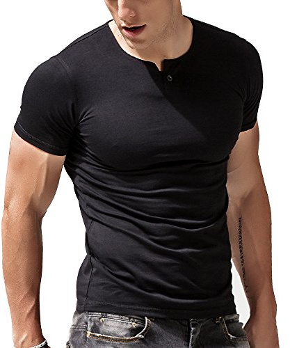 Camiseta Henley Slim Fit Manica Manga Larga Hombre con Botón Camisas Algodón Negro S