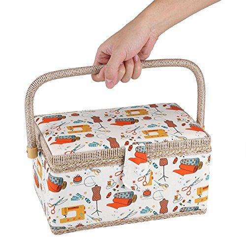 Sewing Box with Kit Accessories, Fabric Basket Craft Box Household Storage Organizer with Handle for Home Travel, 27.8 x 18 x 14.5cm