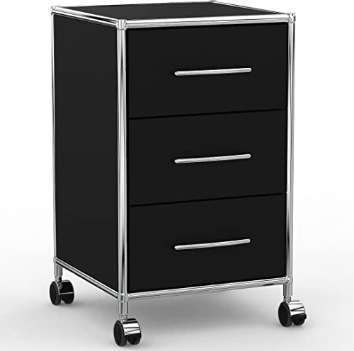 System8X Rollcontainer 40cm mit 3 Schubladen aus Holz Chrom in Dekor Schwarz auf Rollen für harten Boden - Für Büro und Home-Office