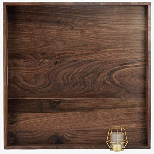 MAGIGO Grand plateau de service carré en bois de noyer noir avec poignées, 66 x 66 cm, plateau de service décoratif classique en bois