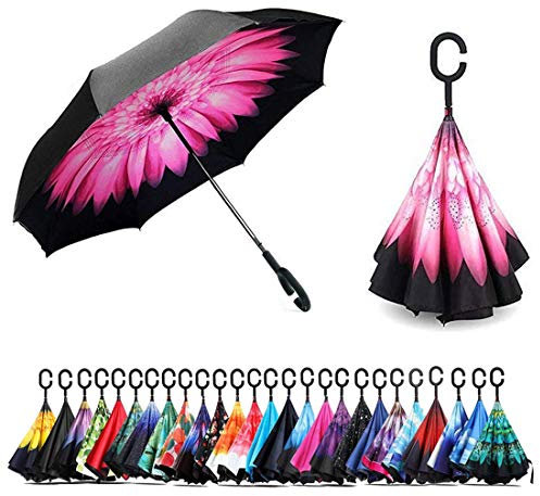 NNY Inc Parapluie inversé double couche pour voitures, parapluie pliant avec ouverture inversée, grand parapluie droit à l'envers pour golf, homme et femme avec forme de C (fleurs roses)