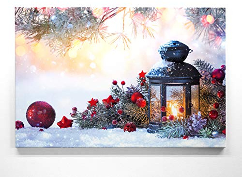 Bezauberndes Wandbild zu Weihnachten, Laterne im Schnee - als großes XXL Leinwandbild 120x80cm. Ideal als Hintergrund und Dekoration für Wohnzimmer & Schlafzimmer. Aufgespannt auf 2cm Holzrahmen