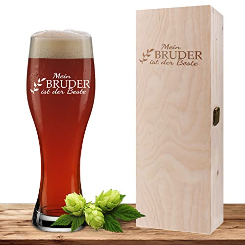 Weizenglas mit Motiv Zweig 'Mein Bruder ist der Beste' inklusive Geschenkbox aus Holz, Bierglas 0,5 Liter mit gravierter Holzbox, Geschenk zum Geburtstag, personalisiertes Weißbierglas