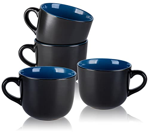 AmorArc 680 ml Suppentassen mit Griffen, Jumbo-Keramikschalen-Set mit Griffen für Kaffee, Müsli, Cappuccino, Snacks, mikrowellen- und spülmaschinenfest, Suppentassen für Mahlzeiten, Blau