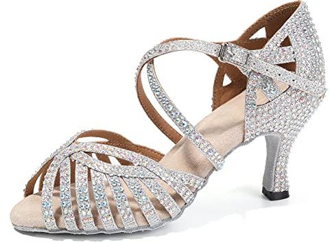HIPPOSEUS Women's Rhinestone Latin Dance Shoes Silver,7 B(M) US