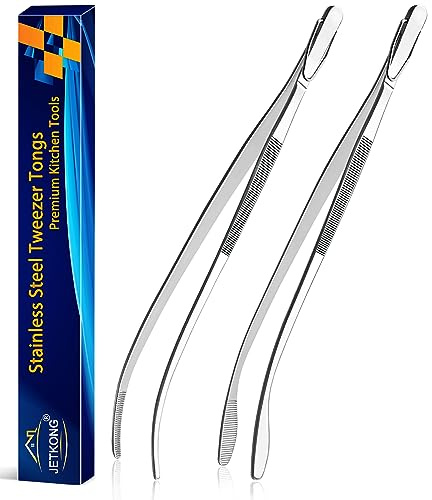JETKONG 2 Pcs 12'' Curved Kitchen Tweezers Stainless Steel Long Tweezer Tongs Professional Chef Tweezers for Cooking, Grilling and BBQ (Silver)