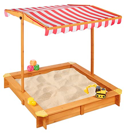 Relaxdays Sandkasten mit verstellbarem Dach, HxBxT: 117 x 117 x 117 cm, Sandkiste mit Bodenvlies, Tannenholz, Natur, Hellbraun, Rot, Weiß