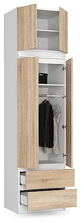 BDW Garderob med lock, 4-dörrars garderob, 2 lådor – förvaringsskåp – modernt skåp för sovrummet, vardagsrummet, hallen, 234 x 60 x 51 cm – vit/Sonoma-ek
