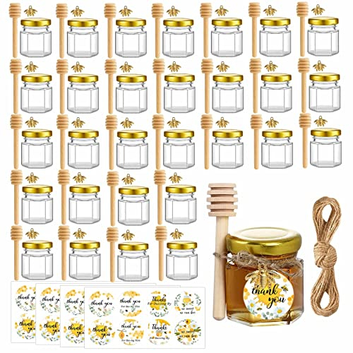 Eidoct 30 Pack Mini Glass Honey Jars, 1.5 oz Hexagon Honey Jars with Wooden Dipper, Gold Lids, Gold Bee Pendants, Jutes, Bee Stickers, for Baby Shower, Wedding(30)