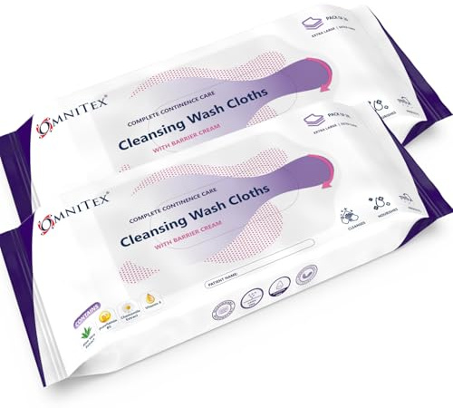 Omnitex Inkontinenz-Reinigungstücher mit Barriere-Creme, mikrowellengeeignet, spülfrei, All-in-One, Kontinenzpflege, Reinigungstücher, reinigt pflegend, mit Aloe Vera, Vitaminen, 2 x 26 Stück