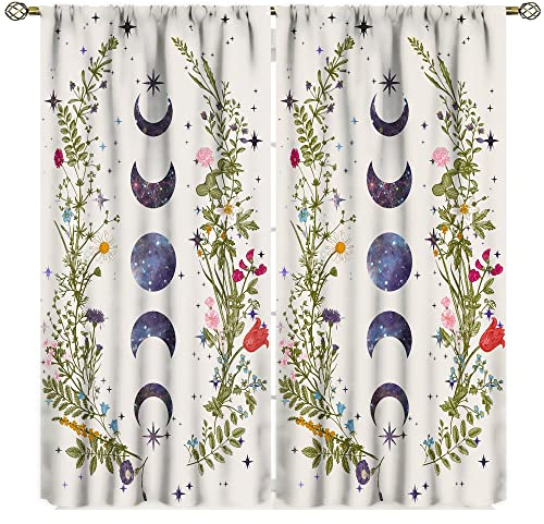 Moon Floral Curtains Flower Wildflower Moonlit Garden Aesthetic Boho Spring Vines Nature 2 Panel Window Treatment Set for Bedroom Living Room Decor 42x45 Inch Decor