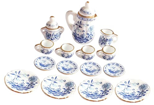 misppro Vaisselle miniature en porcelaine pour maison de poupée - Service à café et thé à l'échelle 1:12 - Fleur bleue