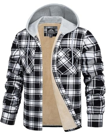 TACVASEN Herren Winter Holzfäller Hemdjacke Freizeitjacke Casual Hemden Kapuzen Warm Jacket Fleecejacke (XL, Schwarz)