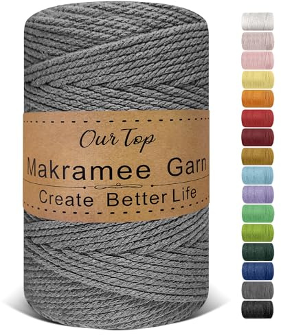 OurTop Makramé-rep 4 mm x 160 m, Makramé-garn för pyssel, hantverk, gobeläng, boho-dekoration (grå)