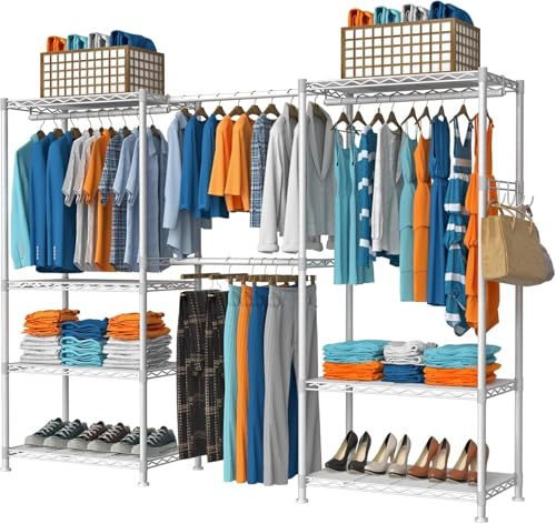 VyGrow Schwerlast Kleiderstände zum Aufhängen von Kleidung, Kleiderständer mit 4 Aufhängestangen & 7 Regalen, 175 cm Lx39.9 cm Bx194.1 cm H, (weiß)