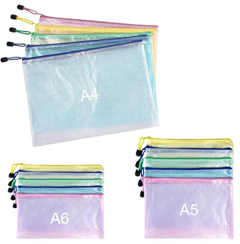 Nutabevr 15 Stück 5 Farben Bunte wasserdichte Dokumententasche (A4+A5+A6), Transparente Mesh Beutel mit Reißverschluss, für Büros Dokumententasche, Schule, Quittungen, Reiseutensilien, Kosmetika