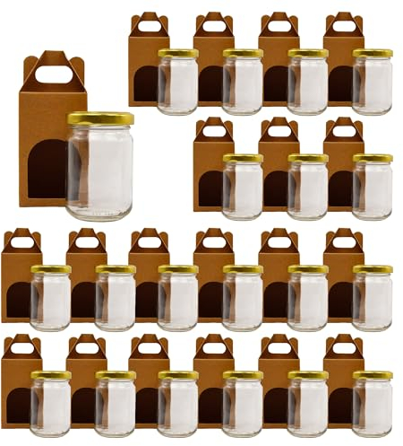 Espirito Rebelde - Tarros de cristal vacías con tapa de 130 ml con 20 hojas de cartón para 1 tarro de mermelada (incluye tapa de rosca dorada, para mermeladas, conservas, miel