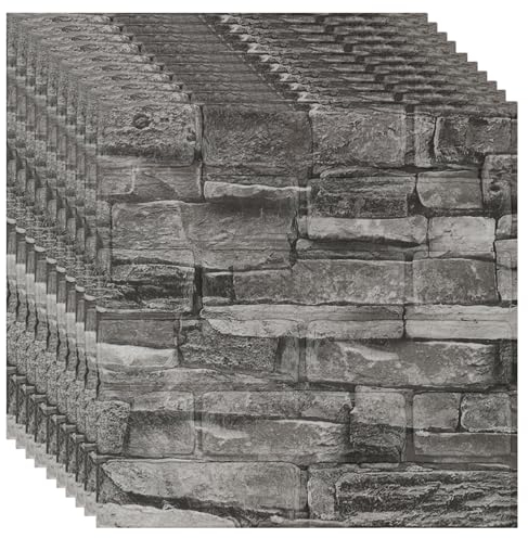 3D Wandpaneele Selbstklebend, 10 Stück Tapete Steinoptik, Steintapete Wandaufkleber, Fototapete Selbstklebend, Dekorfolie für Küche Schlafzimmer Wohnzimmer (35 x 35 x 0.3 cm, Schwarz+Grau)