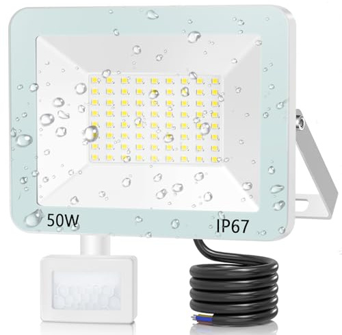 ANNIFUNLY Focos Led Exterior con Sensor de Movimiento 50W 5000LM, IP67 Impermeable Foco LED Floodlight Blanco Frío 6500K, Proyector LED Seguridad Luz para Jardín Garaje Patio Terraza