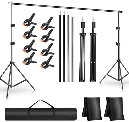 Support Fond Photo 2,1 x 3 m, Support de Fond Réglable en Métal avec 8 Pinces de Fond, 2 Sacs de Sable, 1 Sac de Transport, Professionnel Trépied pour Studio Photo, Portrait, Photographie de Produits