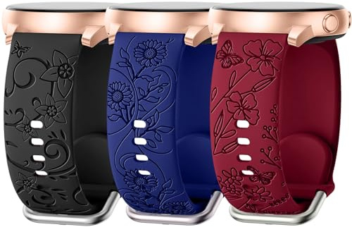 AMSKY 3 Stück Floral Gravierte Armband Kompatibel mit Samsung Galaxy Watch 7/6/5/4 40mm 44mm, Watch 6/4 Classic 43mm 47mm 42mm 46mm, 5 Pro 45mm, 3 41mm, FE 40mm, 20mm Silikon Armbänder für Damen