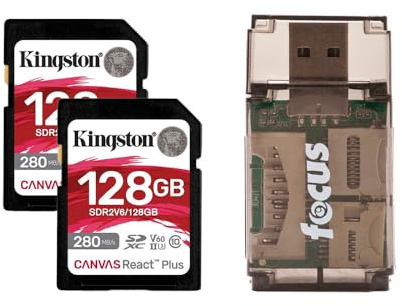 Kingston Canvas React Plus V60 UHS-II - Tarjeta de memoria SD de 128 GB con velocidad de lectura de 280 MB por segundo (paquete de 2) con lector de tarjetas (3 artículos)