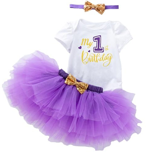 Winmany Baby flicka första födelsedag kläder 3 st båge pannband min 1: a födelsedag sparkdräkt tutu kjol tårta smash outfit set för fotografering, lila, 12-18 månader