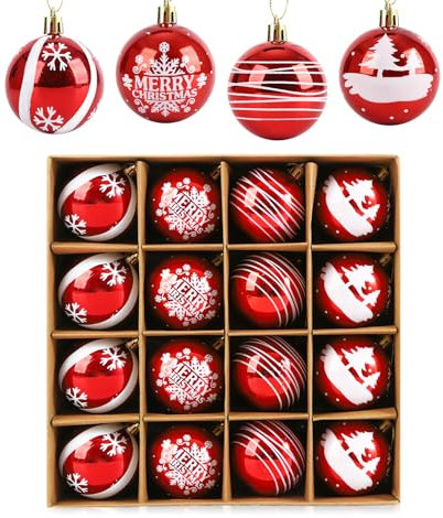 Anstore Weihnachtskugeln Plastik, 16pcs Weihnachtskugeln Rot Weiß, 6cm Christbaumschmuck Christbaumkugeln Kunststoff Ornamente Weihnachtsbaumschmuck für Partei