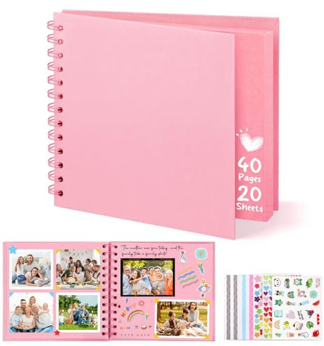 DazSpirit Album Photo Scrapbooking, 6-inch Album Photo Personnalisable, Carrée DIY Livre Scrapbooking avec 5 Autocollants, Livre d'or Anniversaire Photo pour Mariage et Bébés, Rose, 40 Pages