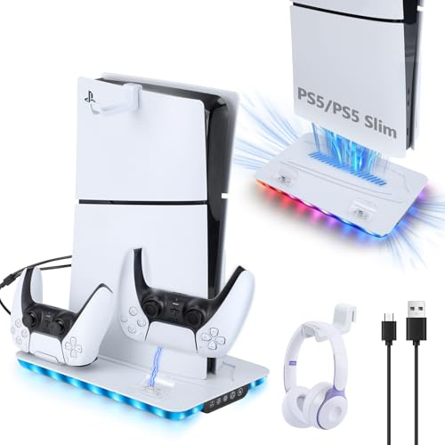 Vertical Cooling Charger Stand for PS5/PS5 Slim, Multi-Function Cooling & Dual Controller Charging Station with 3 Levels of Fans & RGB LEDs & 3 Charging Ports