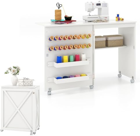 LIFEZEAL Mobile per Macchina da Cucire, Tavolo Macchina da Cucire, Armadietto per Cucito, Salvaspazio, Moderno, 5 Ruote, 2 Mensole, 18 Ganci per Filo, 1 Ripiano, Pieghevole, 116x40x76cm, Legno, Bianco