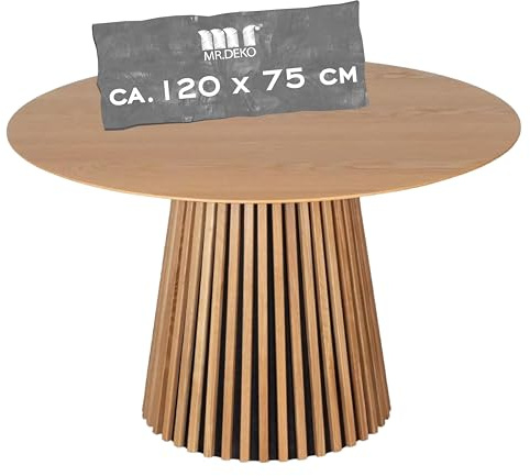 MR. DEKO Esstisch Oria Natur Eichen Optik rund ca. 120x75 cm | Diningtisch in Lamellenoptik | Esszimmertisch helles Holz | runder Tisch für 4 Personen | Küchentisch | Holztisch in Braun