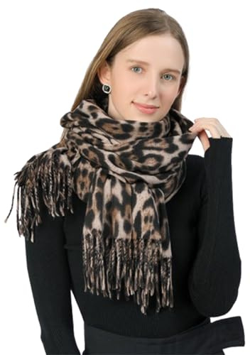 LAOYEFACAI Schal Damen Winter Schal Leopardenmuster Stola Damen Warm Schals & Tücher für DamenGeschenke für Frauen Leichtes großes Tuch mit kurzen Fransen