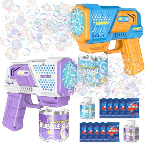 Bubble Gun with Lights, Bubble Machine with 2 Bottles 10 Bags Refill Solution, Bubble Guns for Wedding, Birthday, Parties, Outdoor Toy, Gift, Bubble Guns for Ages 12+ (2 Pack)