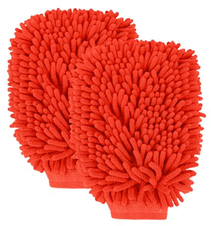 wuyaoyao 2PCS Car Wash Mitt, 10.14×7.12 Chenille Microfiber Car Wash Mitts, Scratch-Free & Lint-Free, Absorbent Double Sided Clean Glove for Cars Cleaning, Auto Cleaning Supplies (Red)