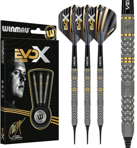 WINMAU – Michael Van Gerwen MvG - EvoX 18g Fat / 20g Fullvikt - Professionellt mjuktippat dartset med pilflygningar och skaft