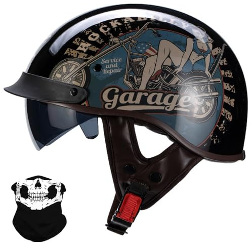 Yirunfa Casco Moto Adulto, Casco Semi Aperto con Visiera. Certificato ECE retrò Mezzo Conchiglia Casco, Casco da Moto Aperto Caschi A Scodella, per Chopper Vintage Moto Cruiser