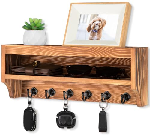 Nekon Key Holder Wall Mount, Pine Wooden Mail Organizer (Wood) | 12.8W x 5.6H x 3.7D Wall Mounted Key and Mail Organizer with 6 Key Hooks, Key Rack for Home Entryway Decor