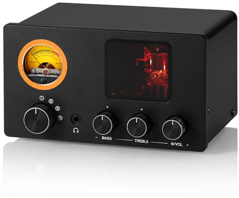 Preamplificador de válvulas Douk Audio TUBE-T5C: Amplificador de Auriculares con medidor VU, selector RCA de 4 vías y Control de Sonido para Receptor, Amplificador, Altavoz y Auriculares de 16-600 Ω.