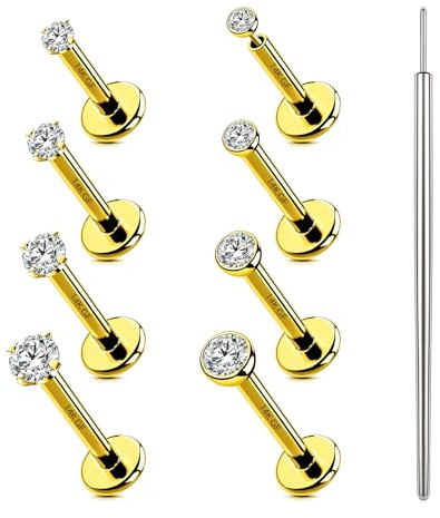 Minnario 8pcs Nose Studs Surgical Steel Nose Piercings Hypoallergenic Threadless Push in Labret Medusa Lip Piercing Flat Back Cartilage Earrings Conch Tragus Helix Piercing Jewellery Gold/Silver