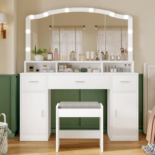 FIONESO Großer Schminktisch mit Spiegel und Beleuchtung, Kosmetiktisch mit 3 Schubladen, 2 Schränken und 10 LED-Lampen, Schminktisch mit Hocker für Frauen, Schlafzimmer, Badezimmer, Weiß