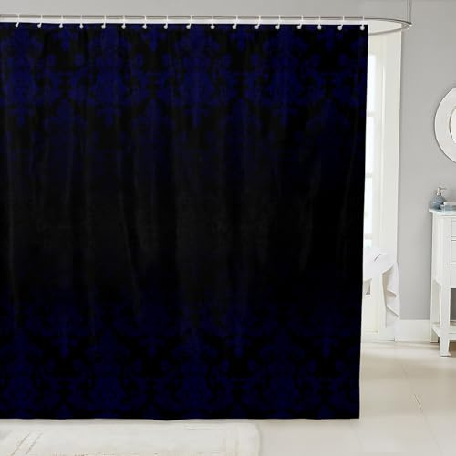 feelingyou svart blå damask duschdraperier, vintage gotisk spets blomtryck badgardin, antik viktoriansk barock boho vattentäta tillbehör med krokar badrumsinredning, storlek