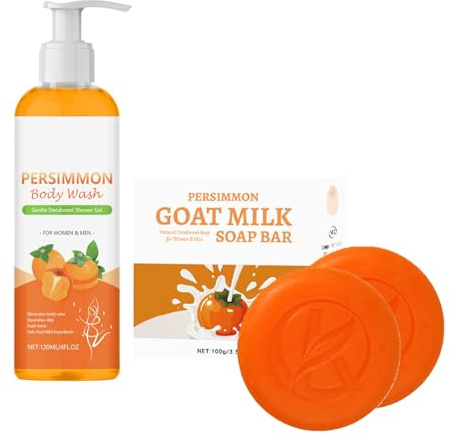 Persimmon Goat Milk Soap, Natural Deodorant Shower Gel & Cleansing Bar for Body Odor Control, Bath Set Pamper Gifts For Women, Deeply Cleansing and Moisturizing (200g+120ml, 3PC)