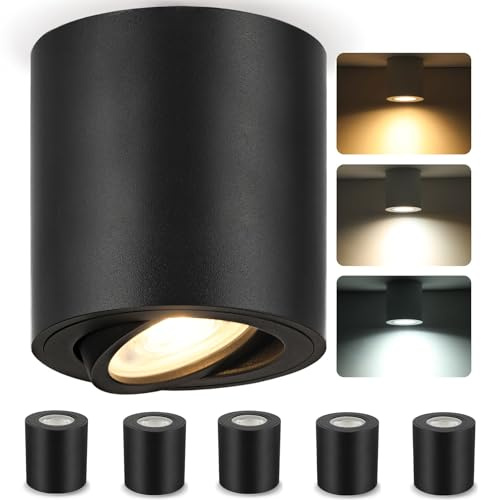 ZIZZLER Lot de 6 Spot en Saillie Noir Plafond GU10, Trois Températures de Blanc, 6.5W 550lm Orientable Spot Plafonnier en Aluminium, Blanc Chaud, Neutre, Froid, Rond 80 x 84mm