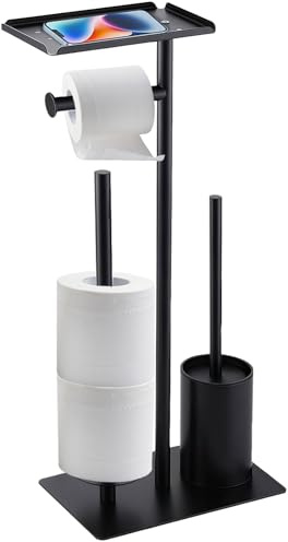Yowmina Porte Papier Toilette sur Pied 4 en 1, Acier Inoxydable Antirouille, sans Perçage, avec Brosse WC Amovible & Étagère de Rangement, Noir Moderne pour Salle de Bain