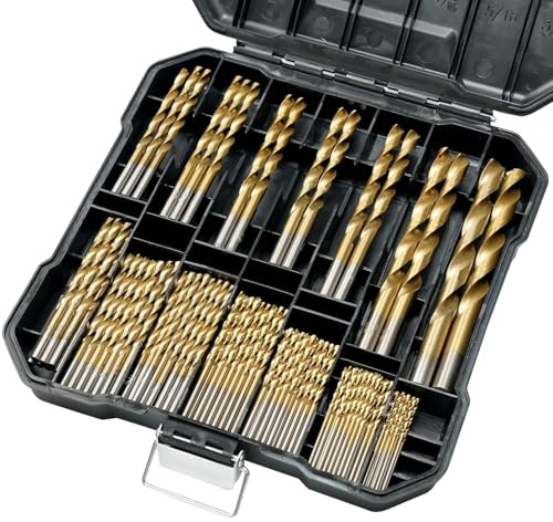 Juego de brocas (99 unidades, 1/16 -3/8), punta recubierta de titanio de acero de alta velocidad, juego de brocas para hierro, aleación de aluminio, cobre, madera, plástico, con caja de