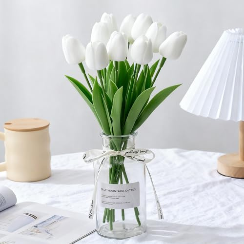 Probuk 10 Stück Weiße Künstliche Tulpen Strauß - Symbol für Reine Liebe & Eleganz, Kunstblumen Deko für Hochzeit, Büro, Tisch & Zuhause