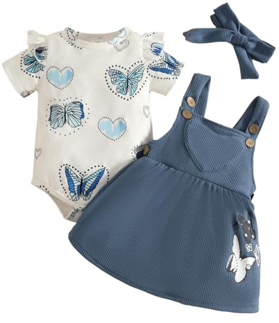 LUVCES Neonata Gonne Set Maniche Corte con Volant Top + Tuta Stampata Abito con Bretelle +Fascia per Capelli Set di Abiti Estivi Completo Farfalla blu scuro 12-18 Mesi