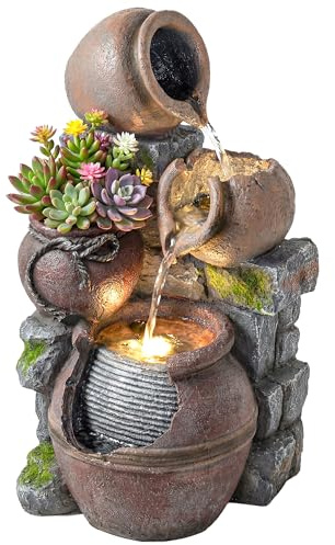 Outsunny Outdoor Fountain with 4-Tier Rustic Pots & Planter, Cascading Waterfall, Garden Fountain with LED Lights, Adjustable Flow, Garden Water Feature for Patio, Terrace, Rustic Brown