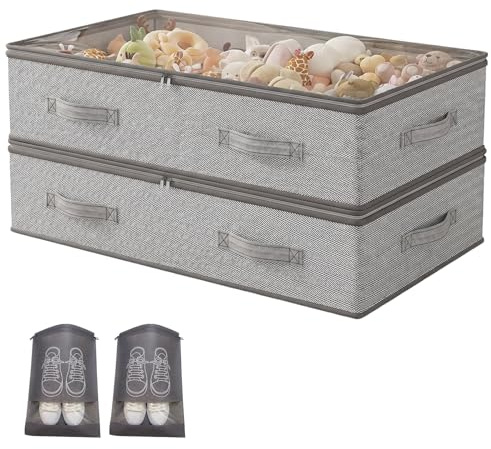 Unterbett Aufbewahrungsbox 2 Stück Unterbettkommode und klarem Transparenter Deckel,18 cm Hoch aus langlebigem Material, 4 Griffen & 2 Reißverschluss Faltbar Kleideraufbewahrung& Organisation-Grau 90L